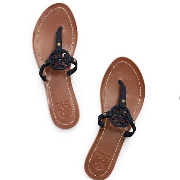 Tory Burch Mini Miller Leather Flat thong sandals Black Gold $198